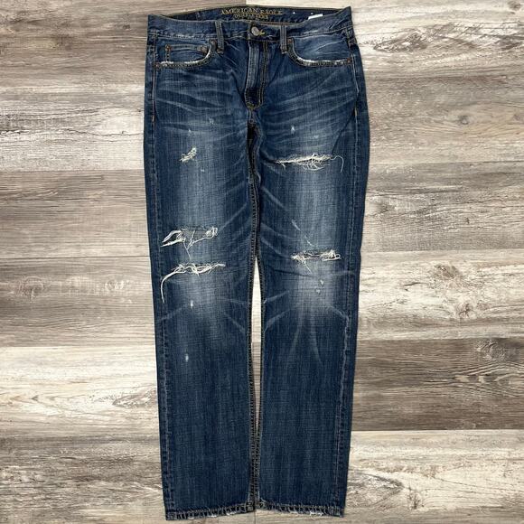 American Eagle Outfitters Faded Blue Mens‎ 33x31 Distressed Slim Straight Jeans - Picture 1 of 11